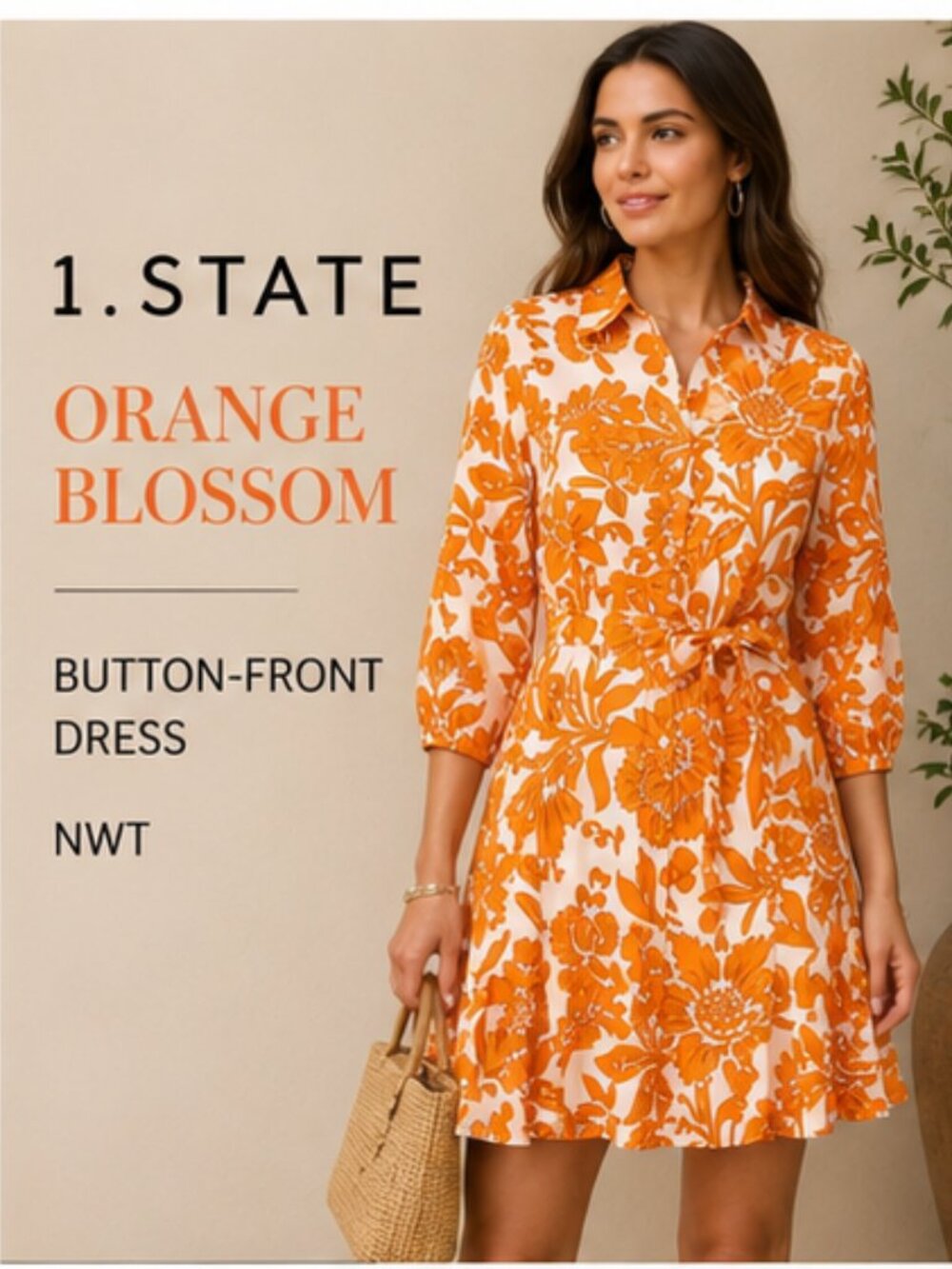 1.STATE Orange Blossom Floral Button Front Cotton Mini Shirtdress Size S NWT